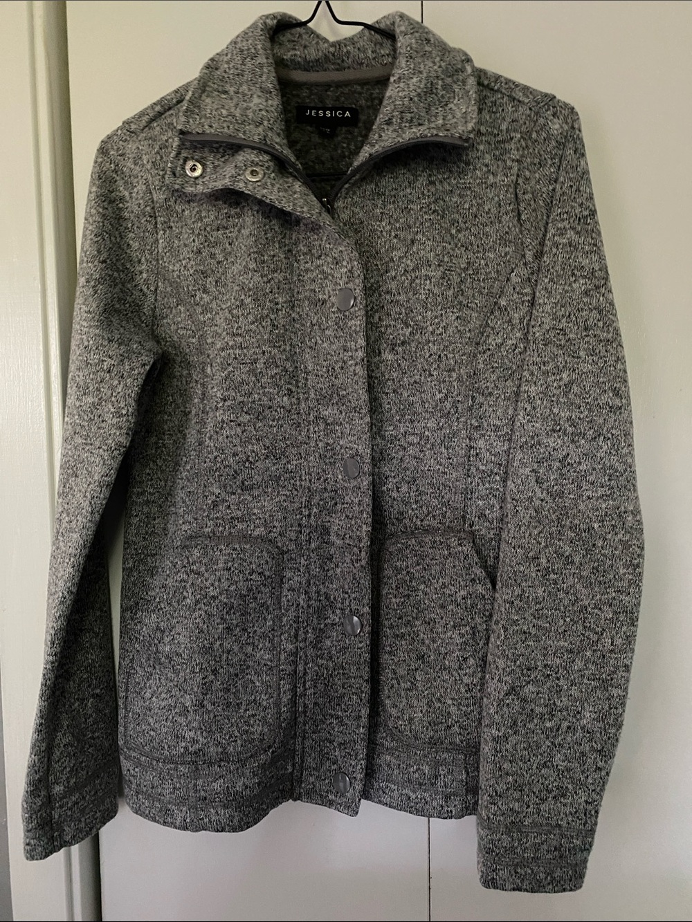 Jessica Gray Knit Funnel Neck Snap Jacket